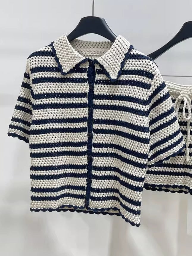 White And Blue Striped Crochet Button-Up Top