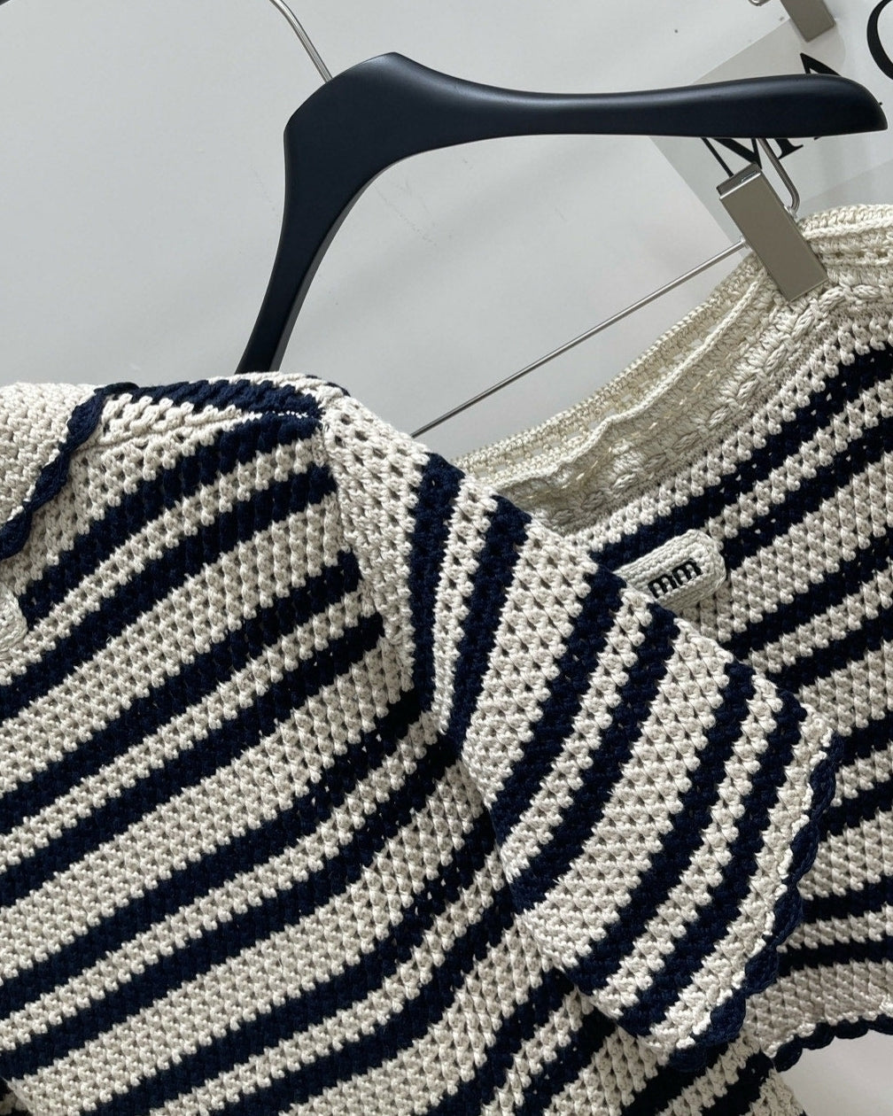 White And Blue Striped Crochet Button-Up Top