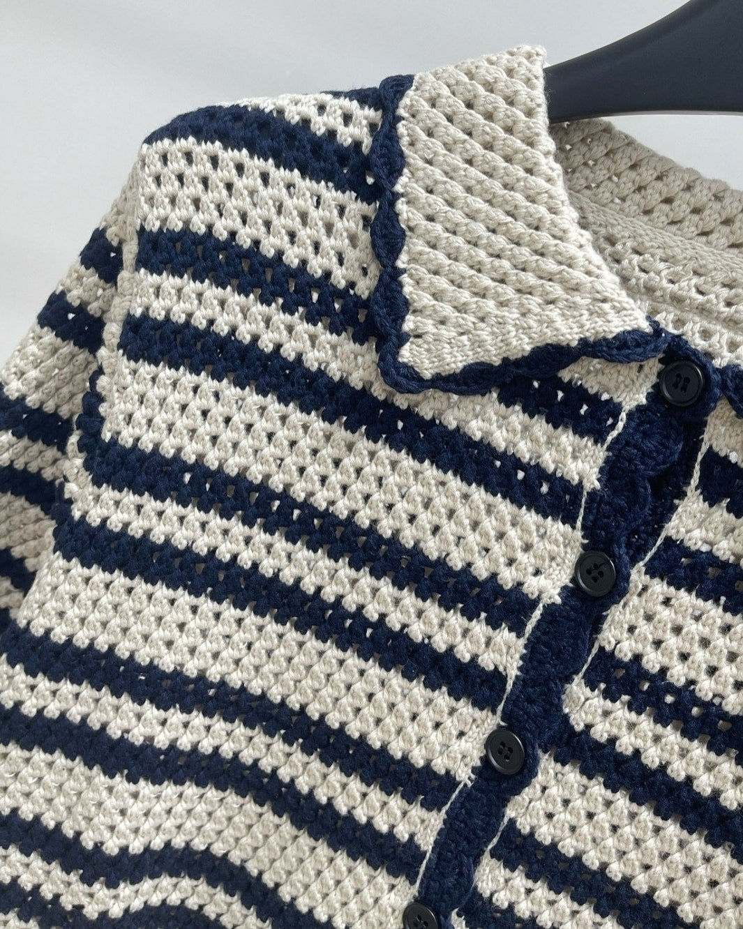 White And Blue Striped Crochet Button-Up Top