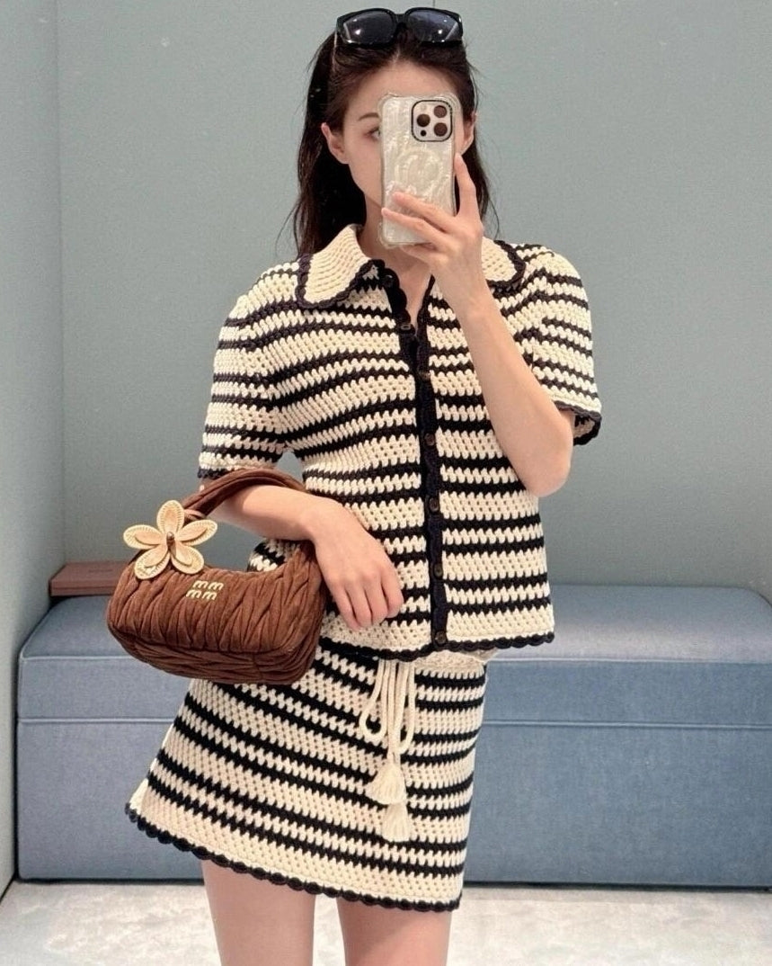 White And Blue Striped Crochet Button-Up Top
