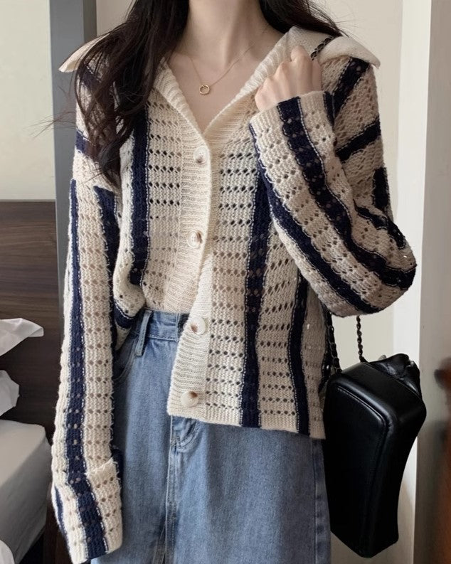White And Blue Striped Hollow Knot Collared Cardigan