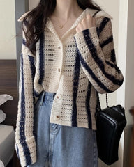 White And Blue Striped Hollow Knot Collared Cardigan