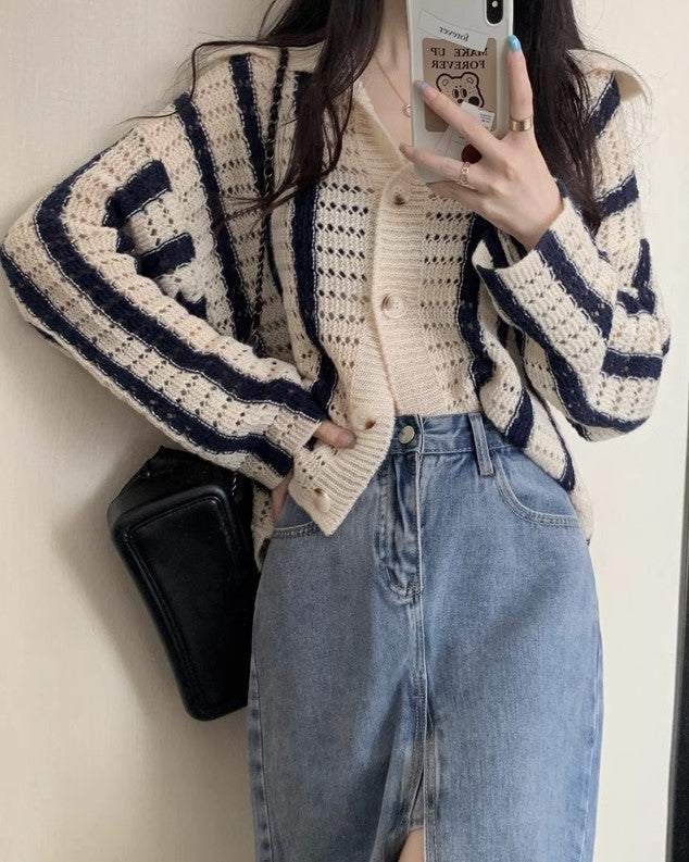 White And Blue Striped Hollow Knot Collared Cardigan