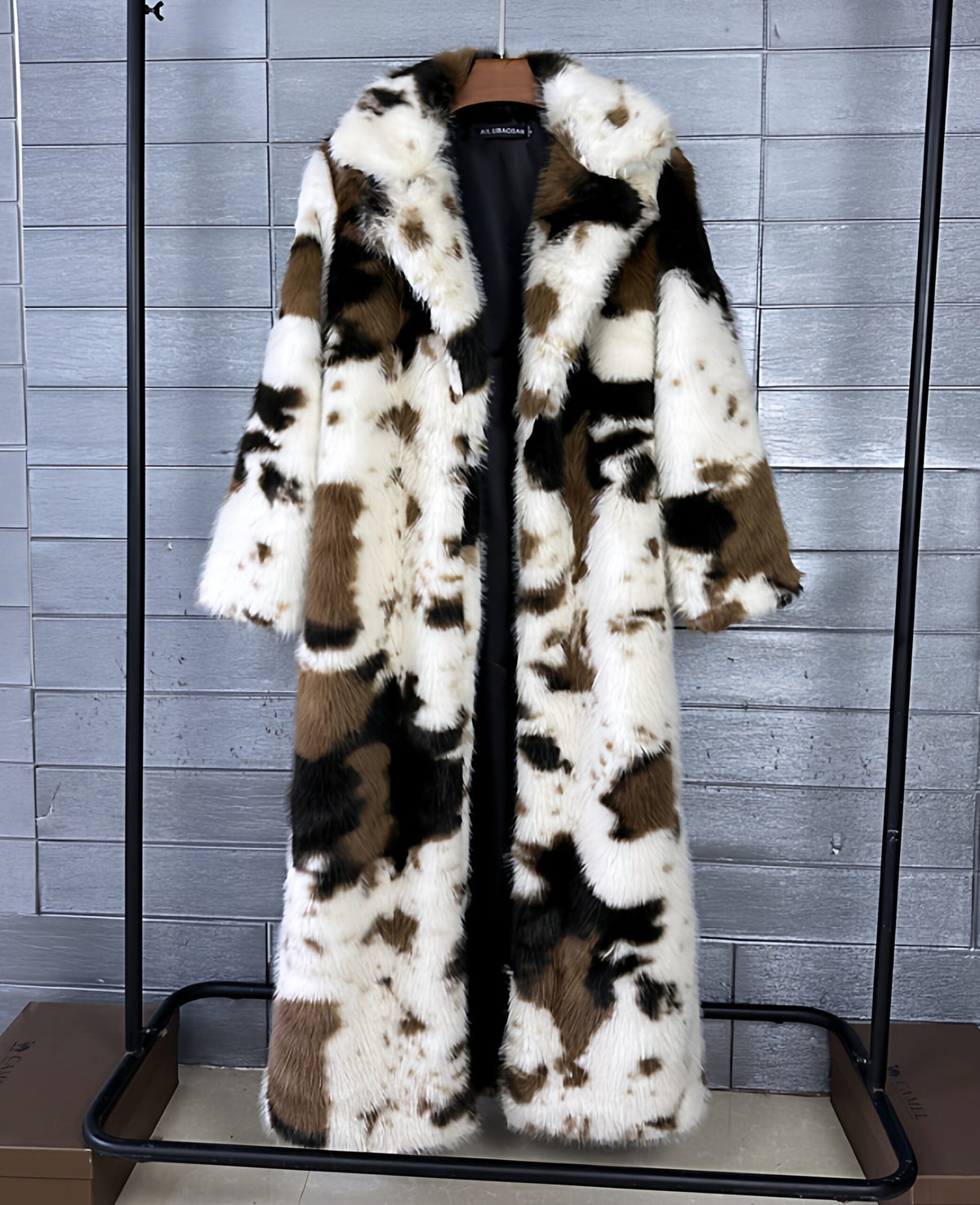 White And Brown Cow Pattern Faux Fur Long Coat