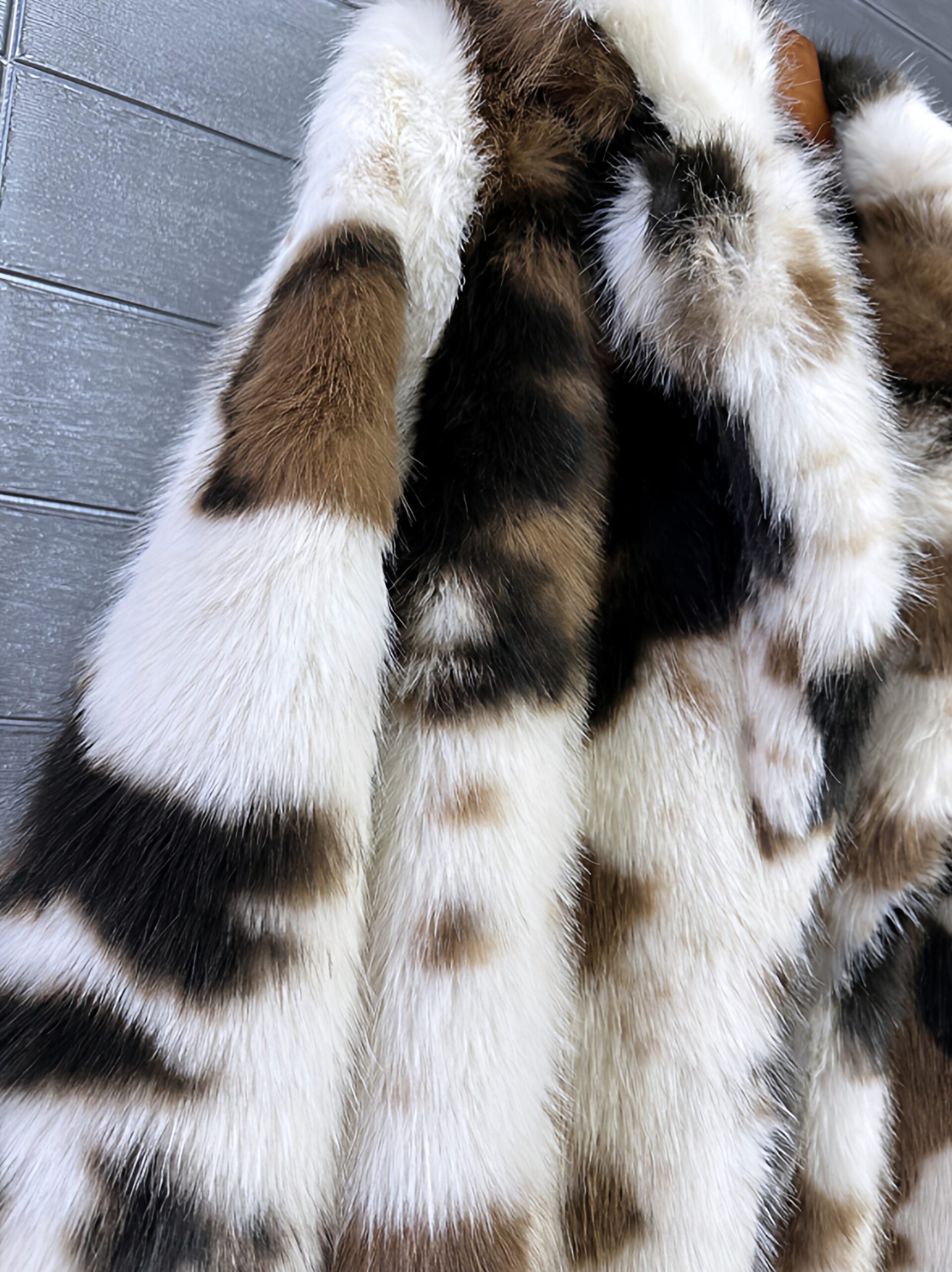 White And Brown Cow Pattern Faux Fur Long Coat