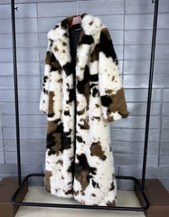 White And Brown Cow Pattern Faux Fur Long Coat