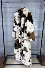 White And Brown Cow Pattern Faux Fur Long Coat