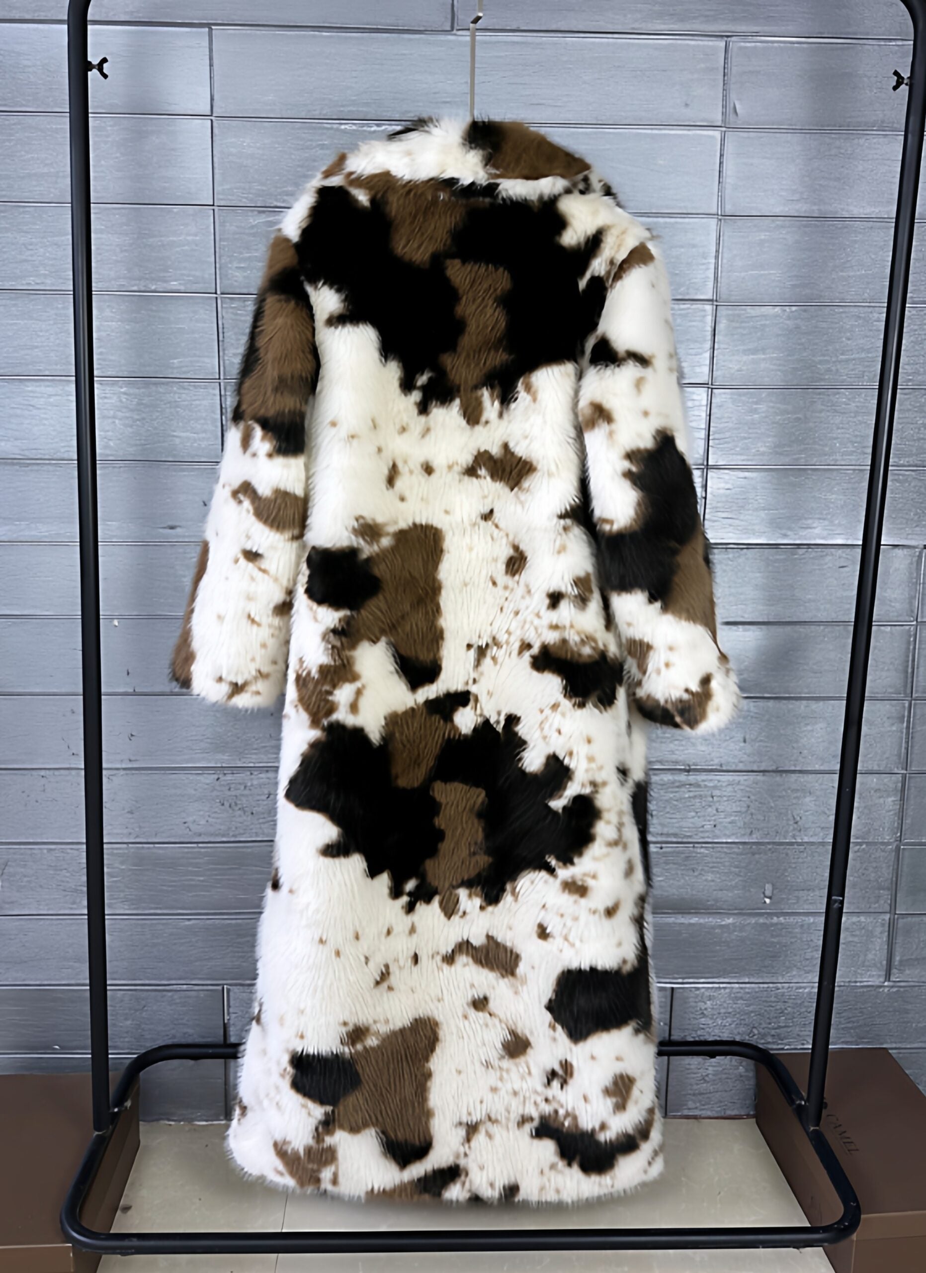 White And Brown Cow Pattern Faux Fur Long Coat