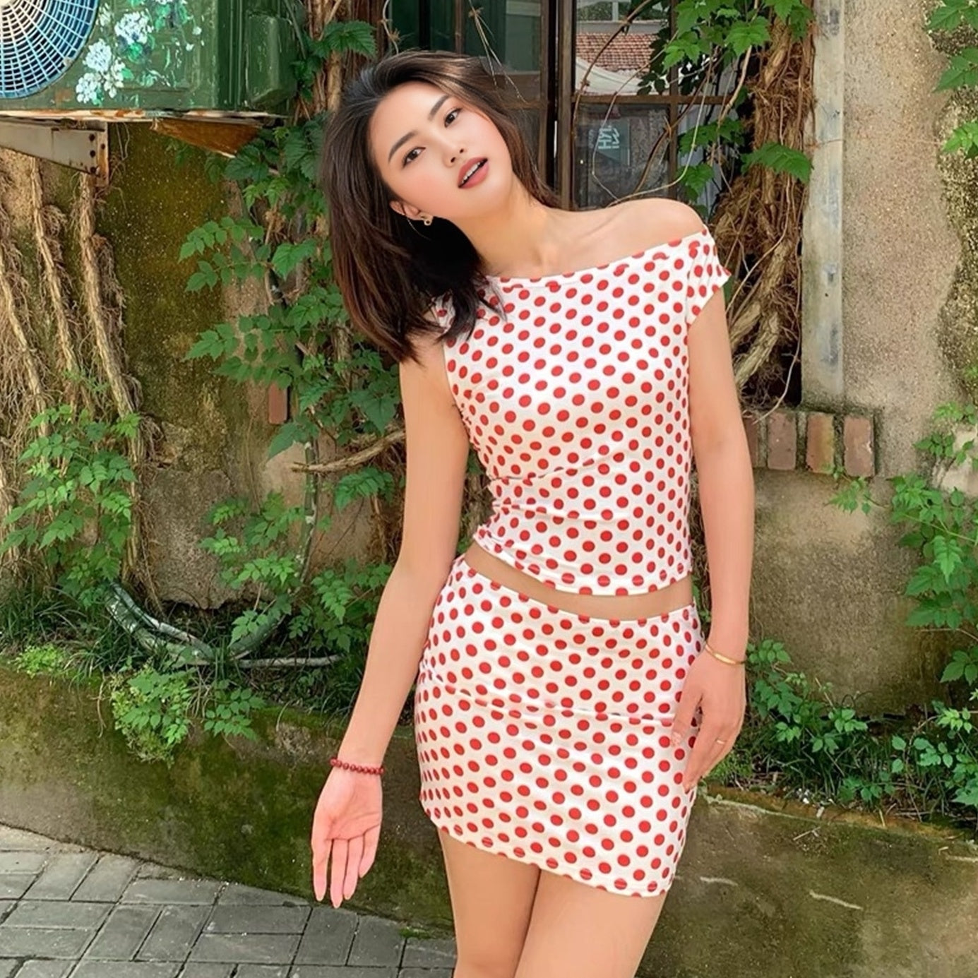 Red Polka Dot Top And Skirt Set