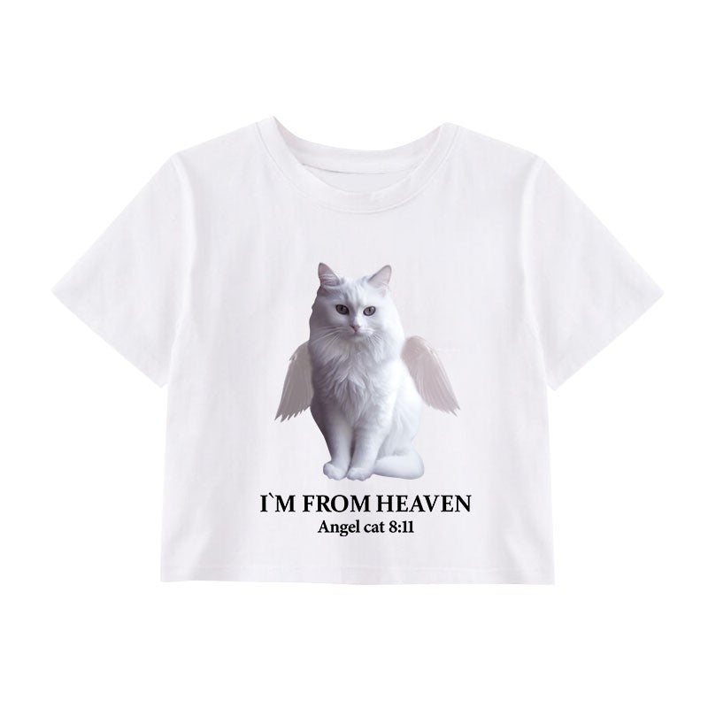 White Angel Cat Print Cropped T-Shirt
