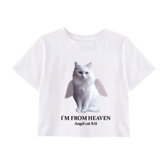 White Angel Cat Print Cropped T-Shirt
