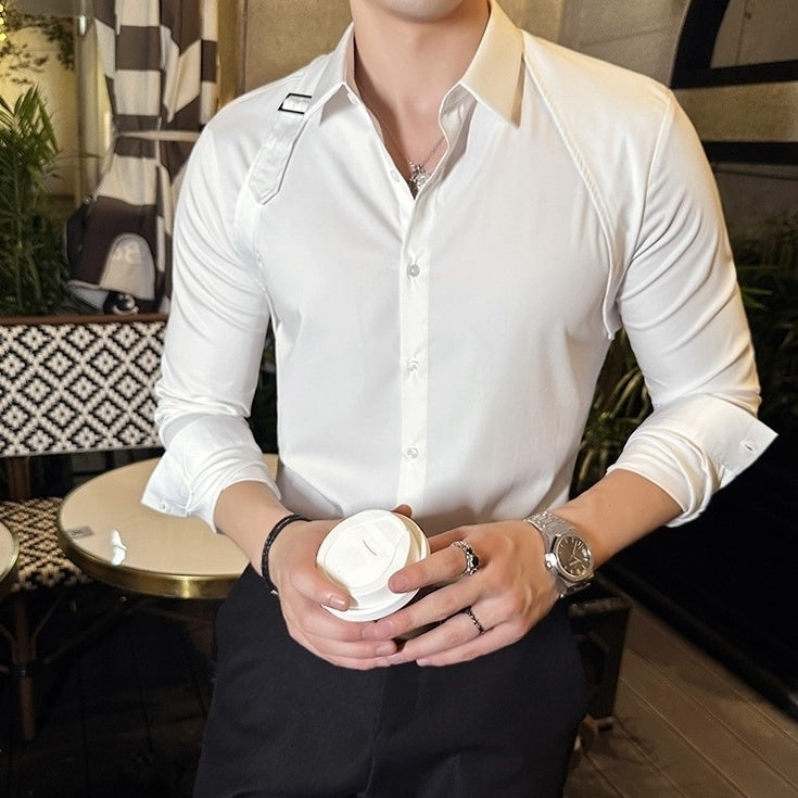 White Buckle-Strap Button-Up Shirt