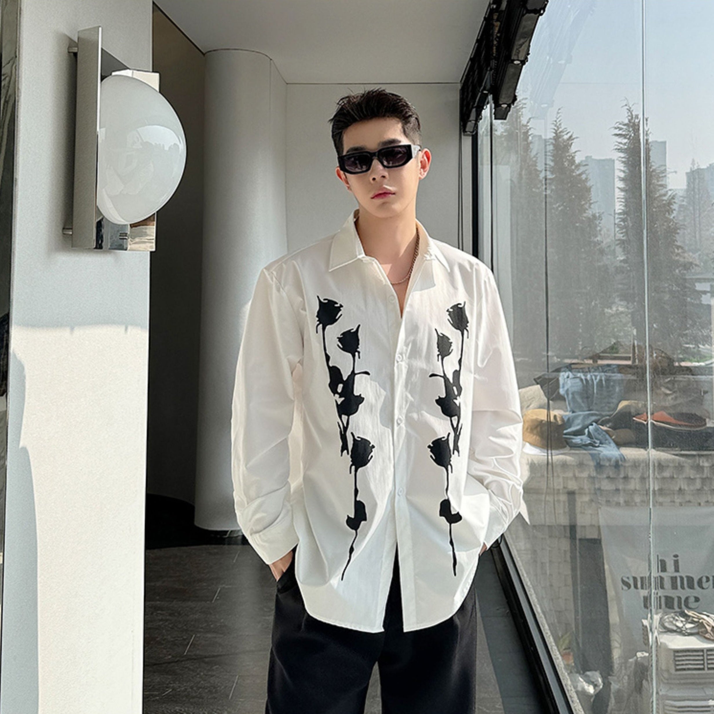 White Button Down Rose Print Shirt