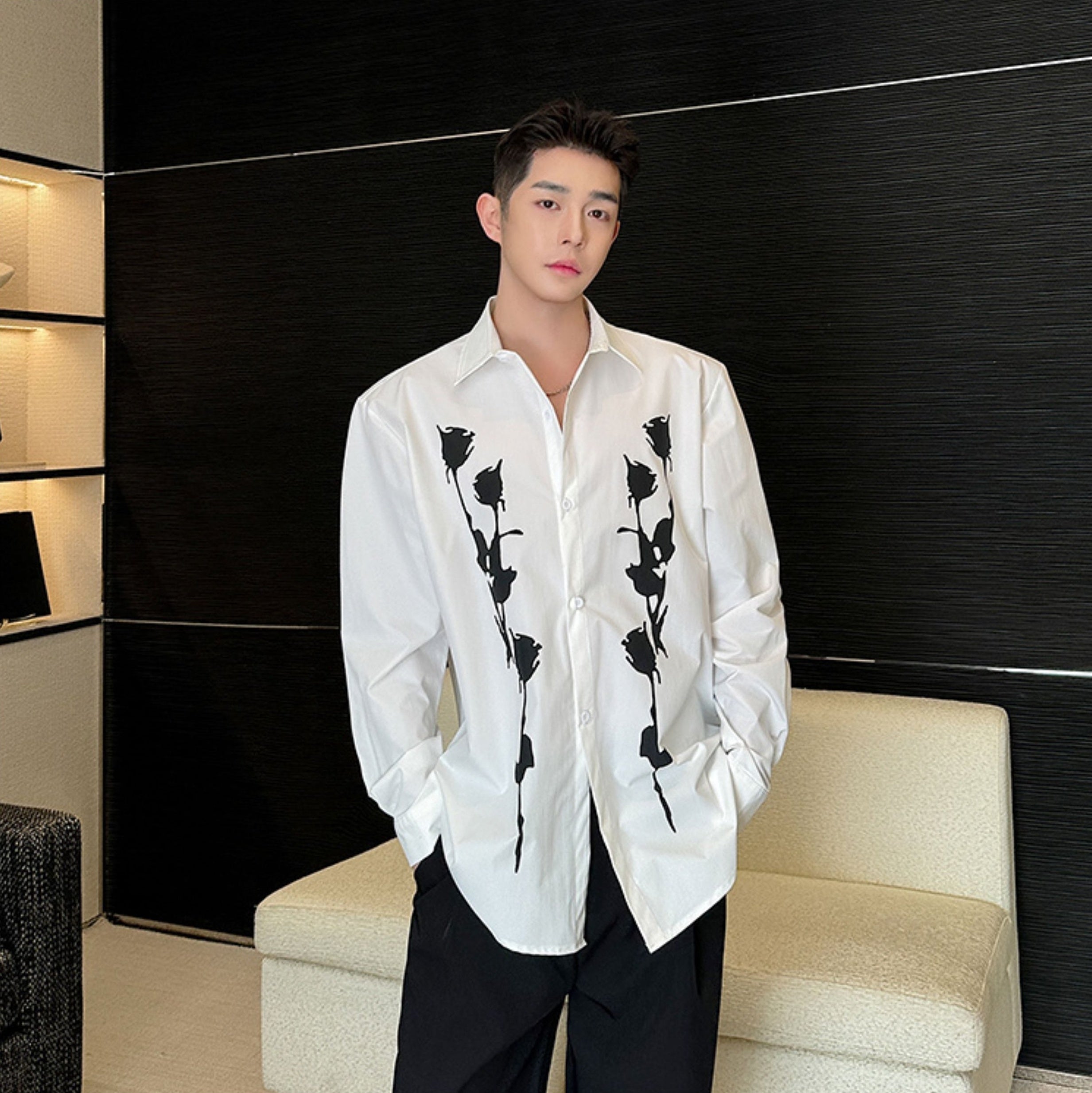 White Button Down Rose Print Shirt