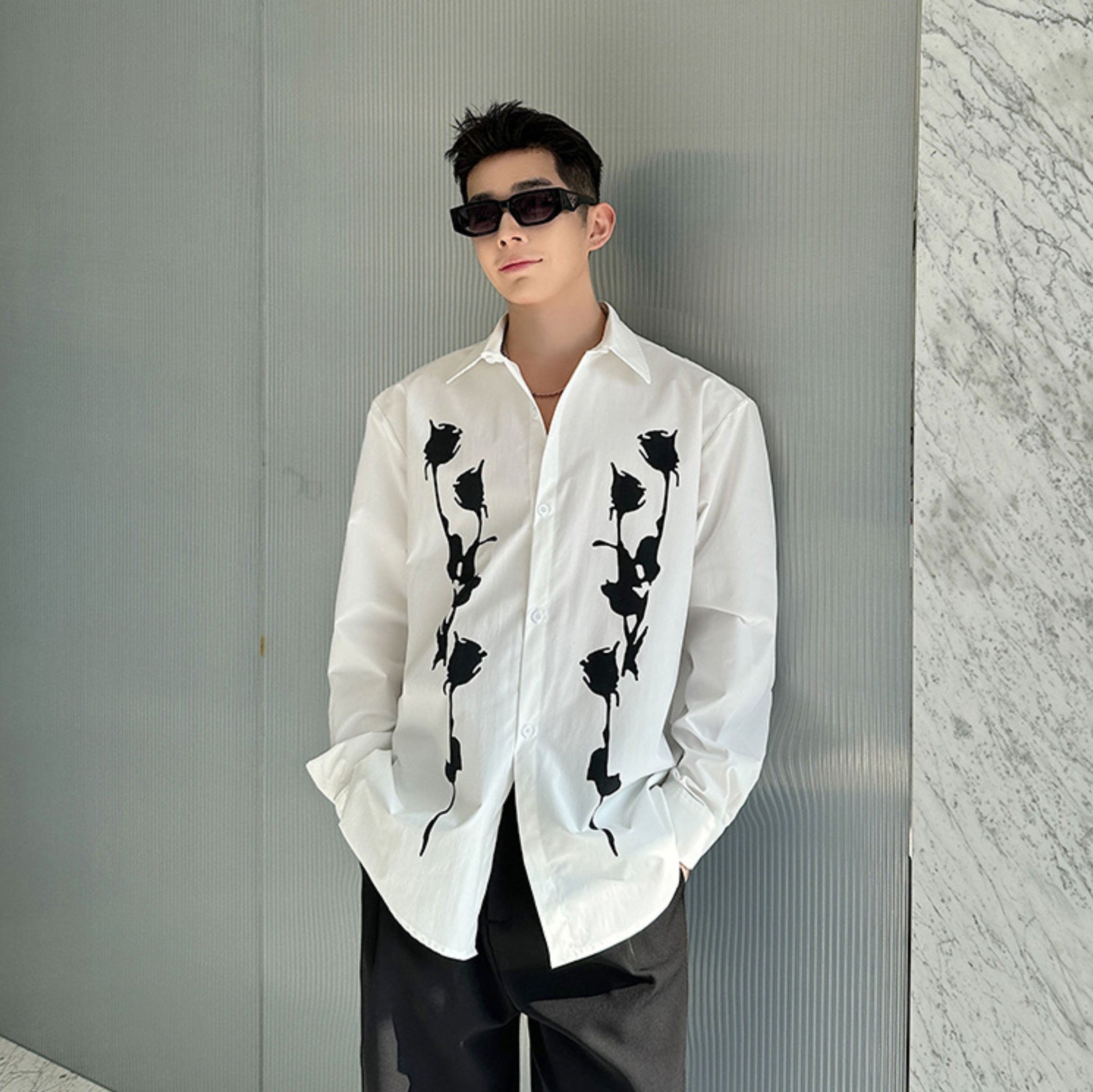 White Button Down Rose Print Shirt