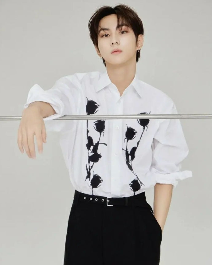 White Button Down Rose Print Shirt