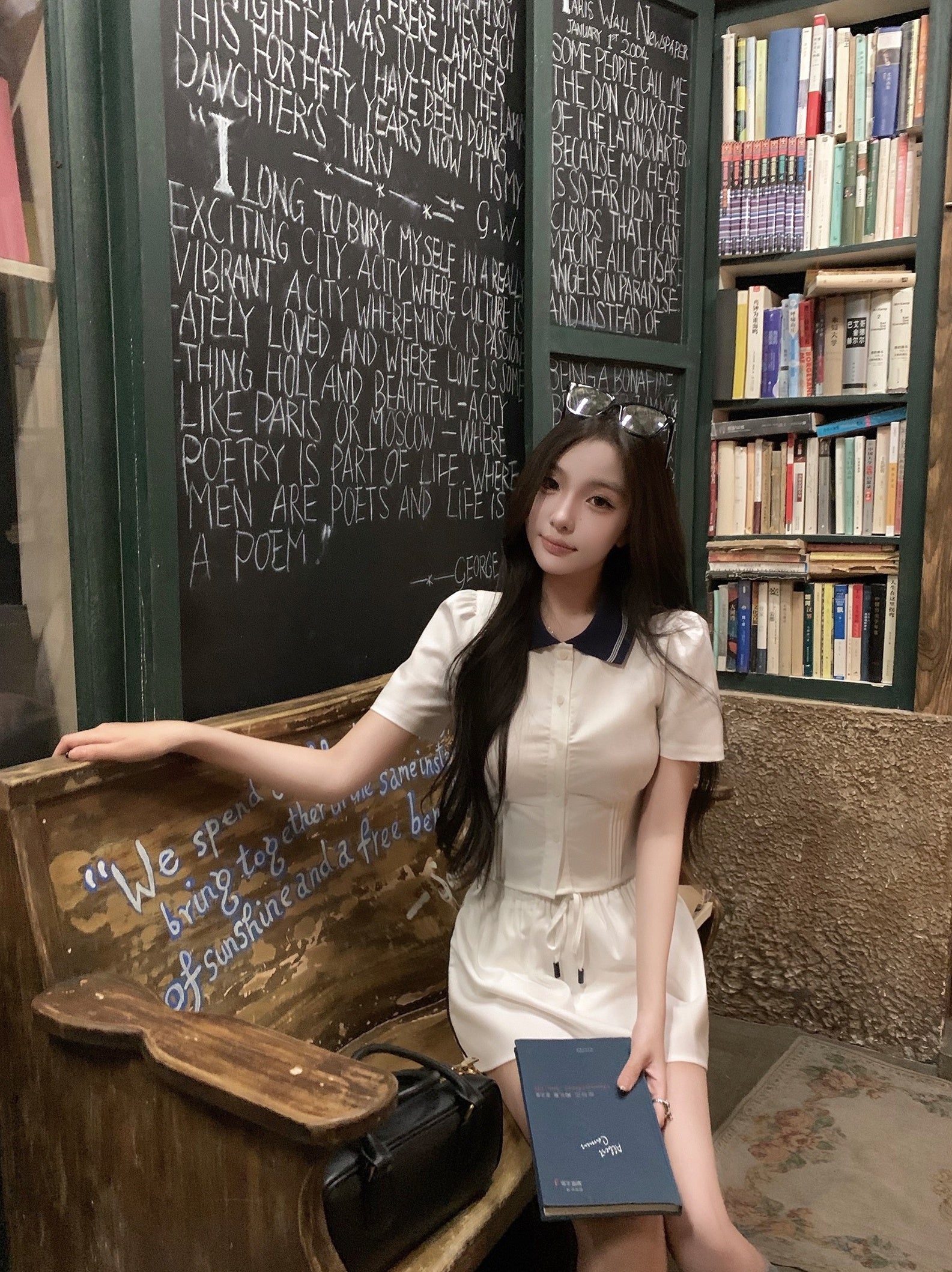 White Button-Up Shirt  WIth Blue Collar