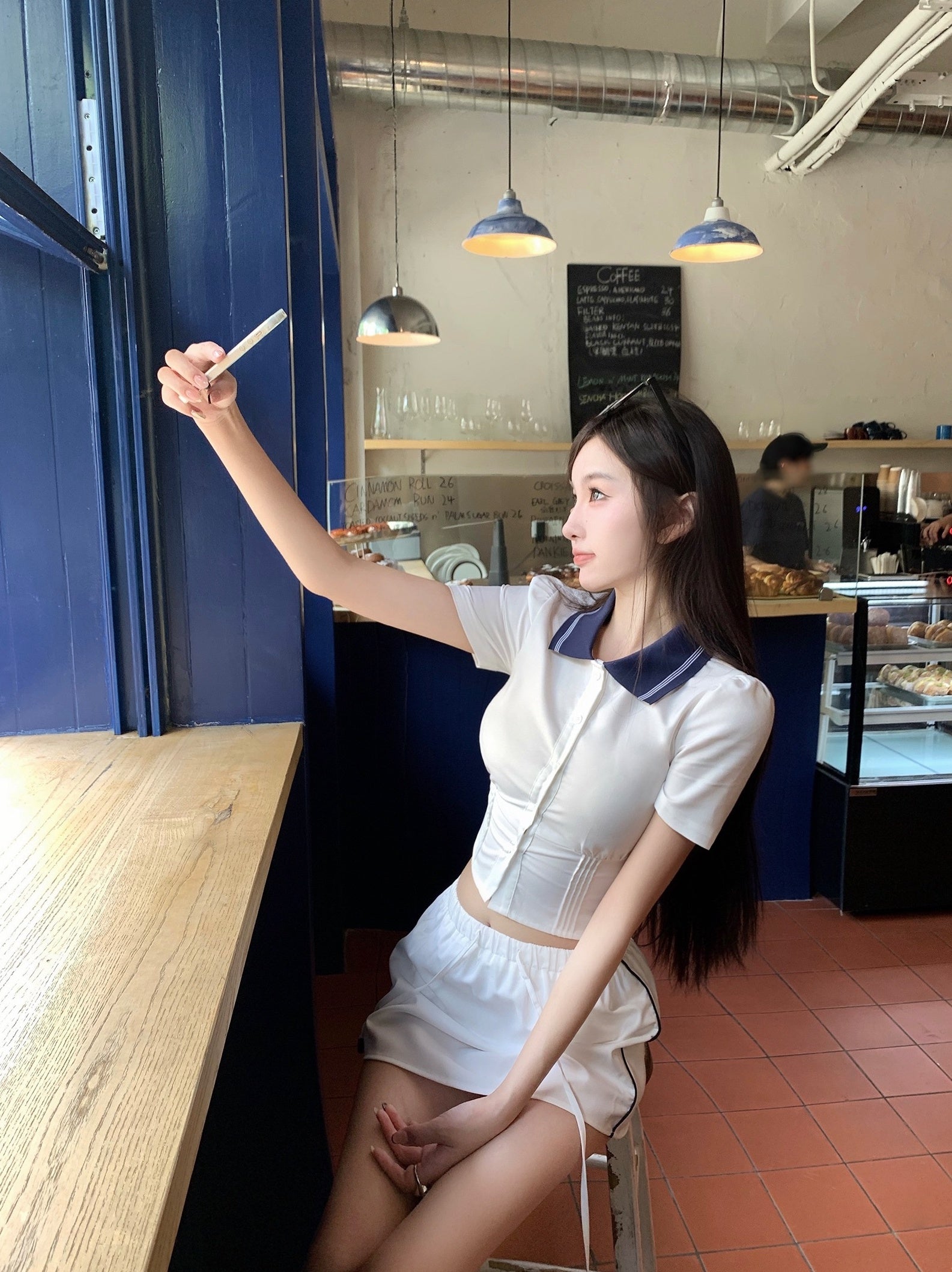 White Button-Up Shirt  WIth Blue Collar