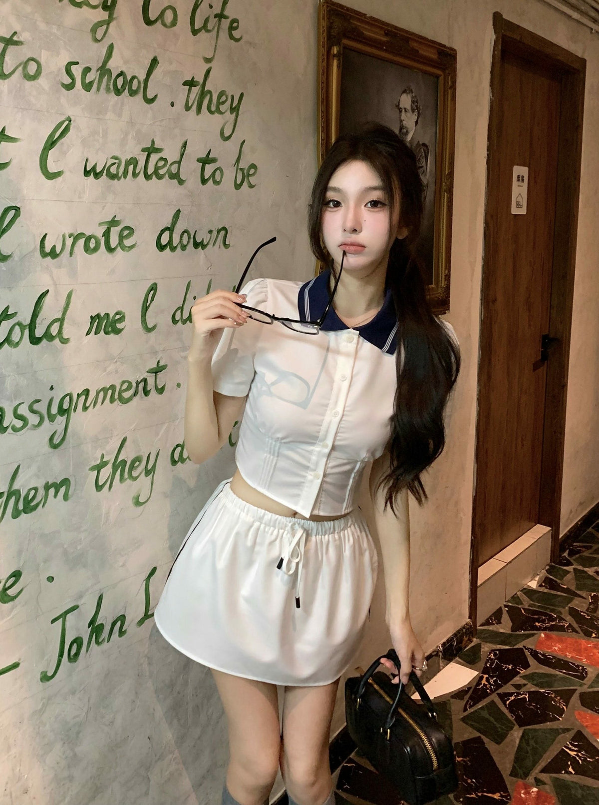 White Button-Up Shirt  WIth Blue Collar