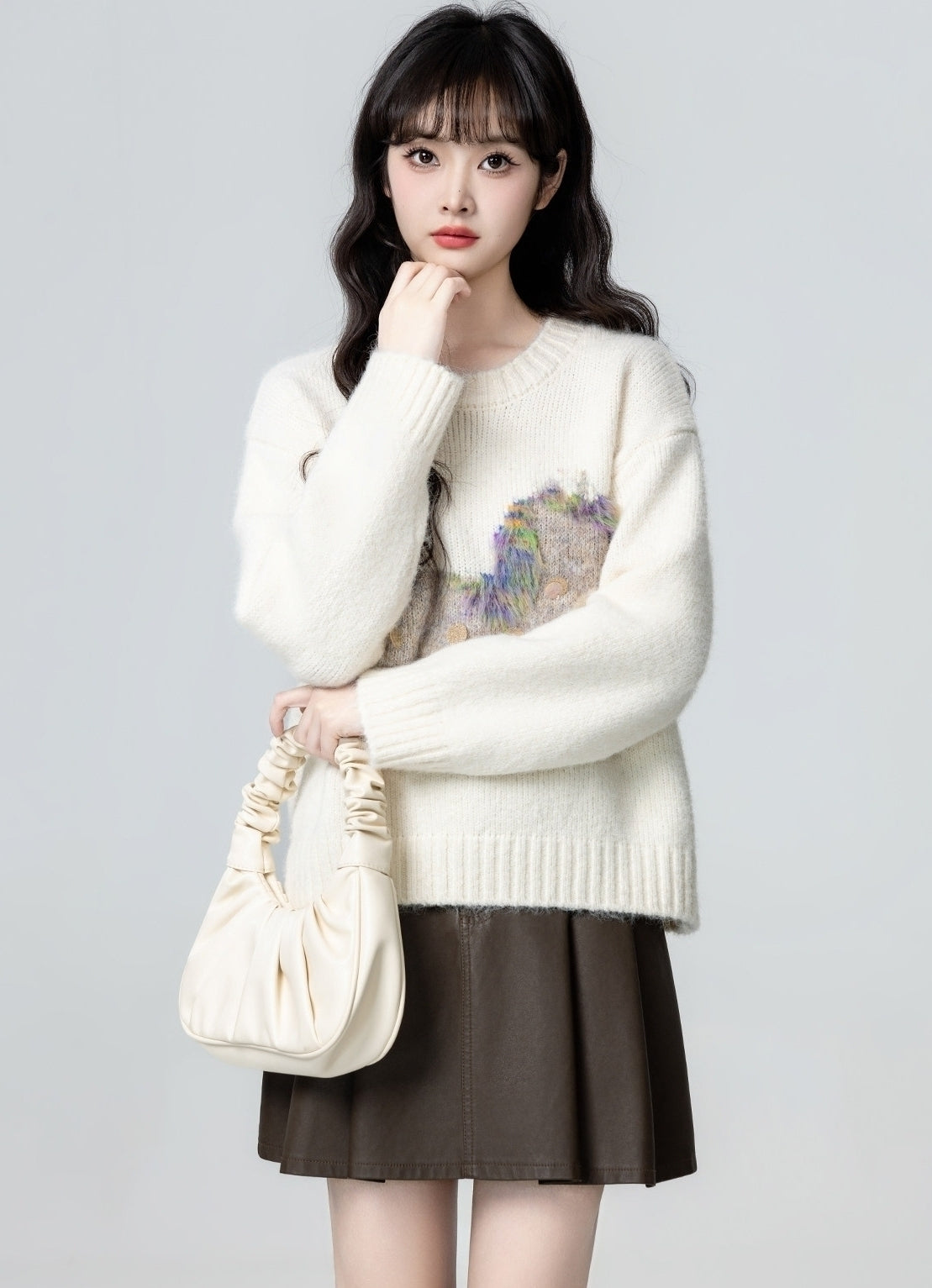 White Cartoon Crewneck Pullover Sweater Top