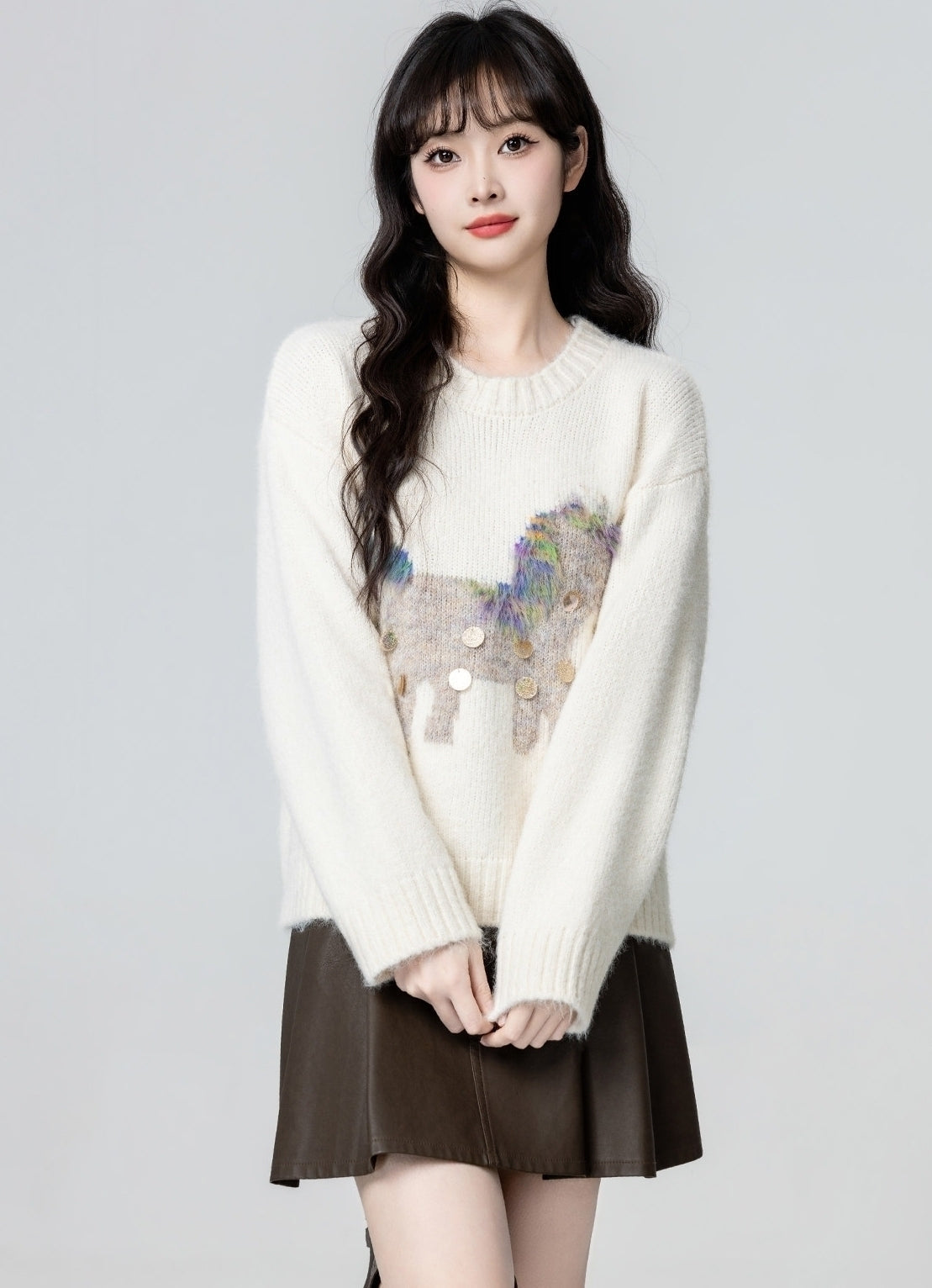 White Cartoon Crewneck Pullover Sweater Top