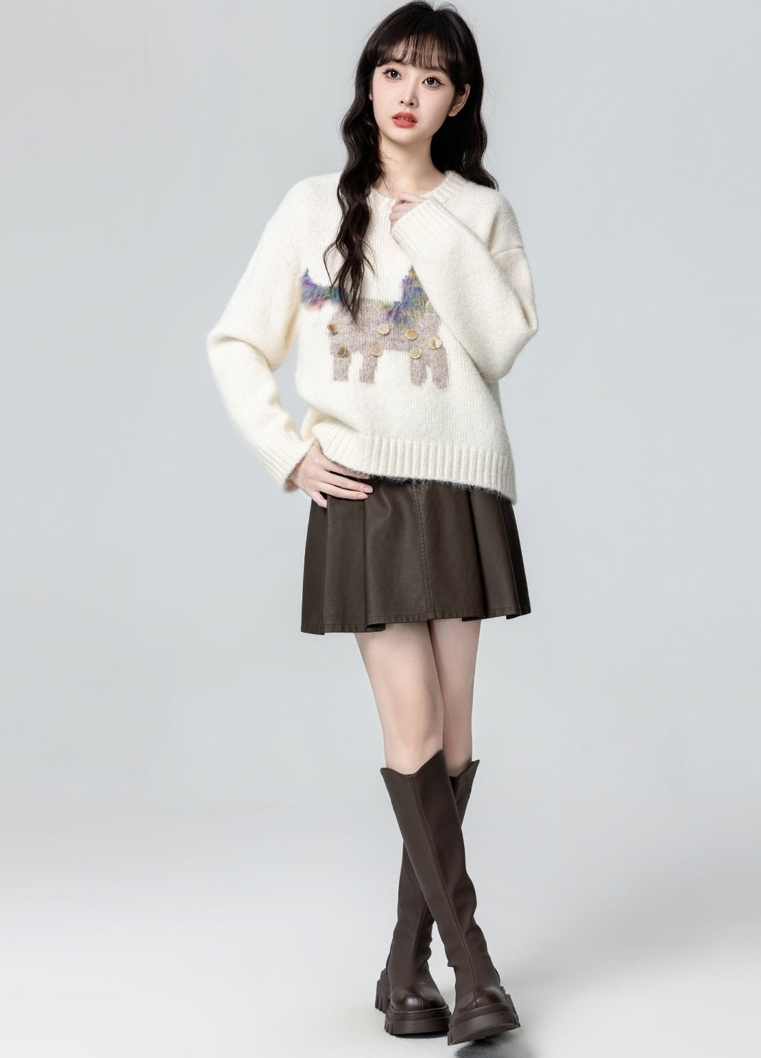 White Cartoon Crewneck Pullover Sweater Top
