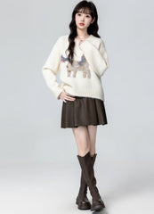 White Cartoon Crewneck Pullover Sweater Top
