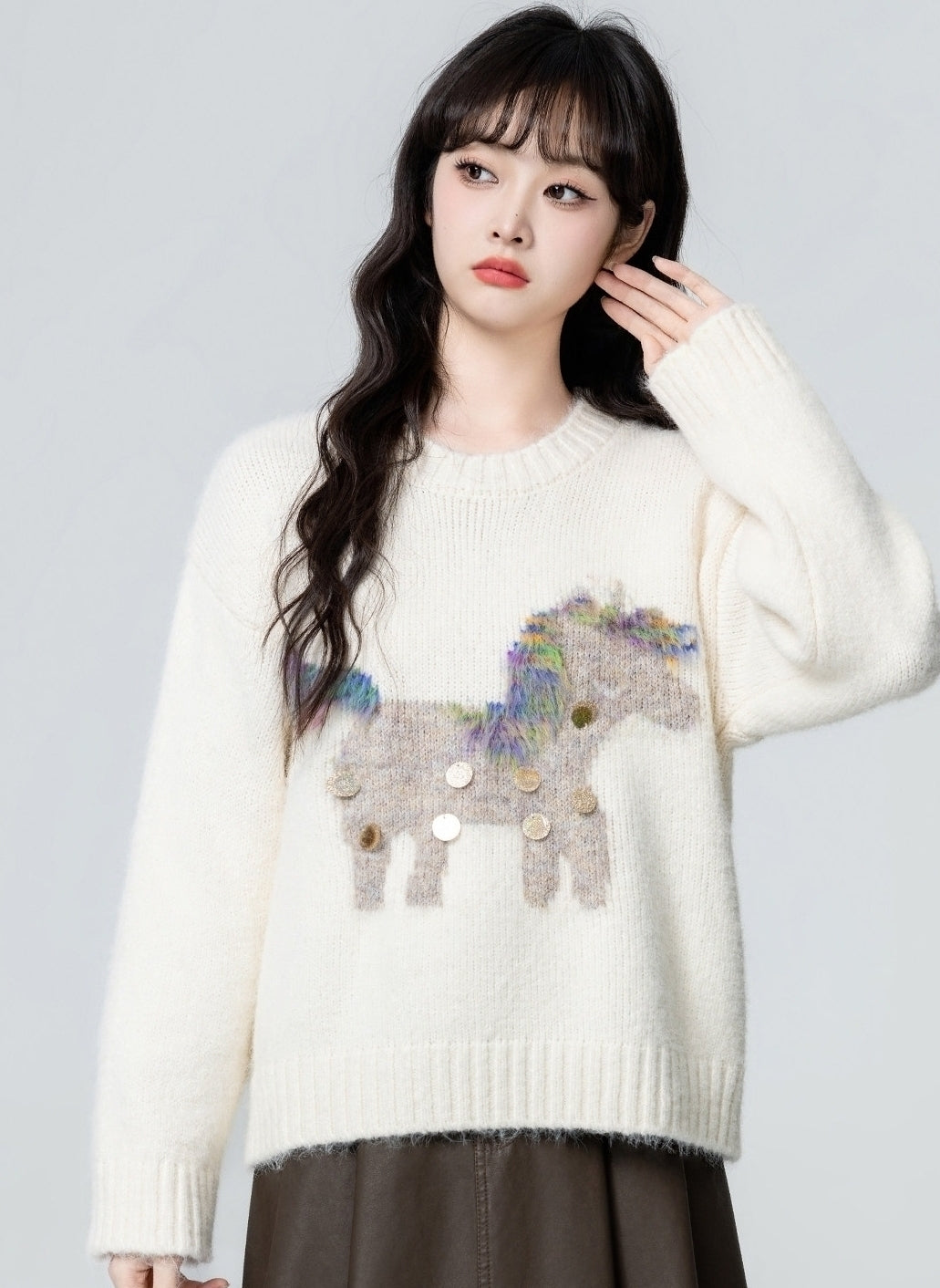 White Cartoon Crewneck Pullover Sweater Top