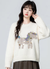White Cartoon Crewneck Pullover Sweater Top