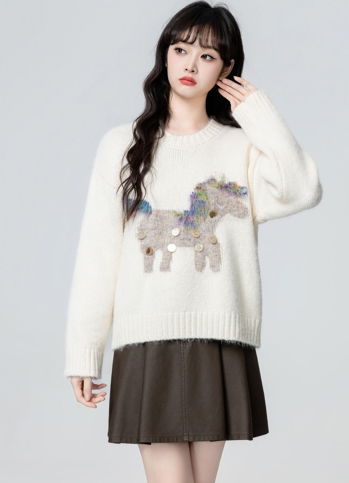 White Cartoon Crewneck Pullover Sweater Top