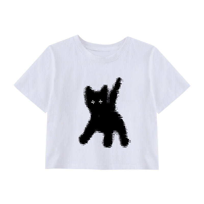 White Cat Print Cropped T-Shirt