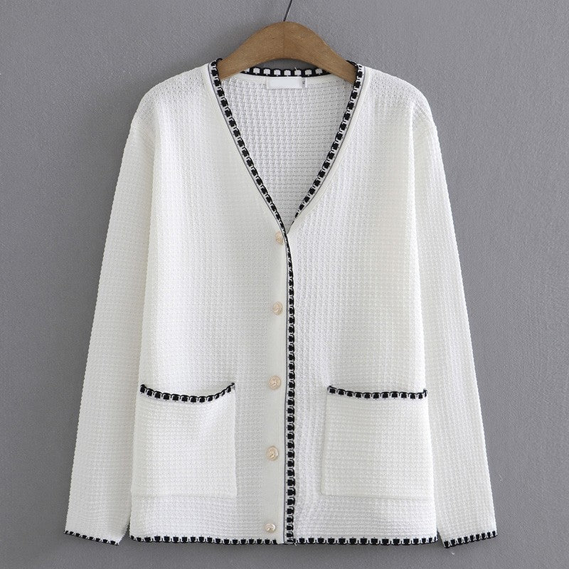 White Classic  Textured V-Neck Cardigan