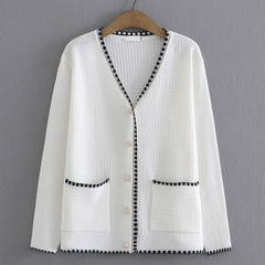 White Classic  Textured V-Neck Cardigan