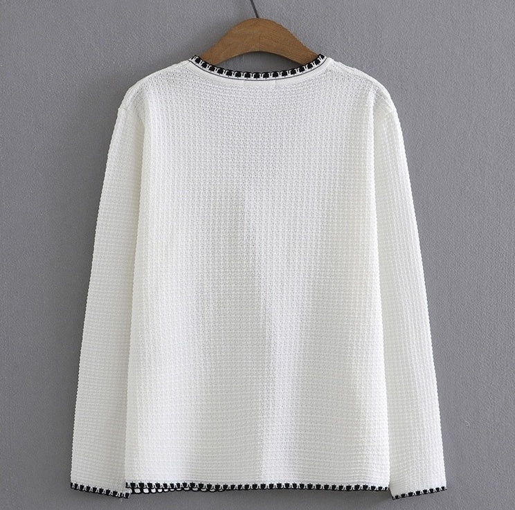 White Classic  Textured V-Neck Cardigan