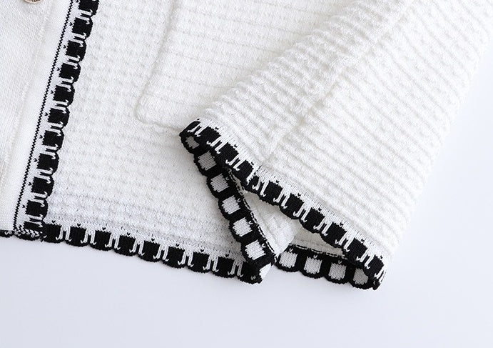 White Classic  Textured V-Neck Cardigan