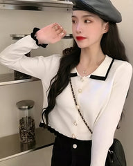 White Collared Cardigan With Black Linings
