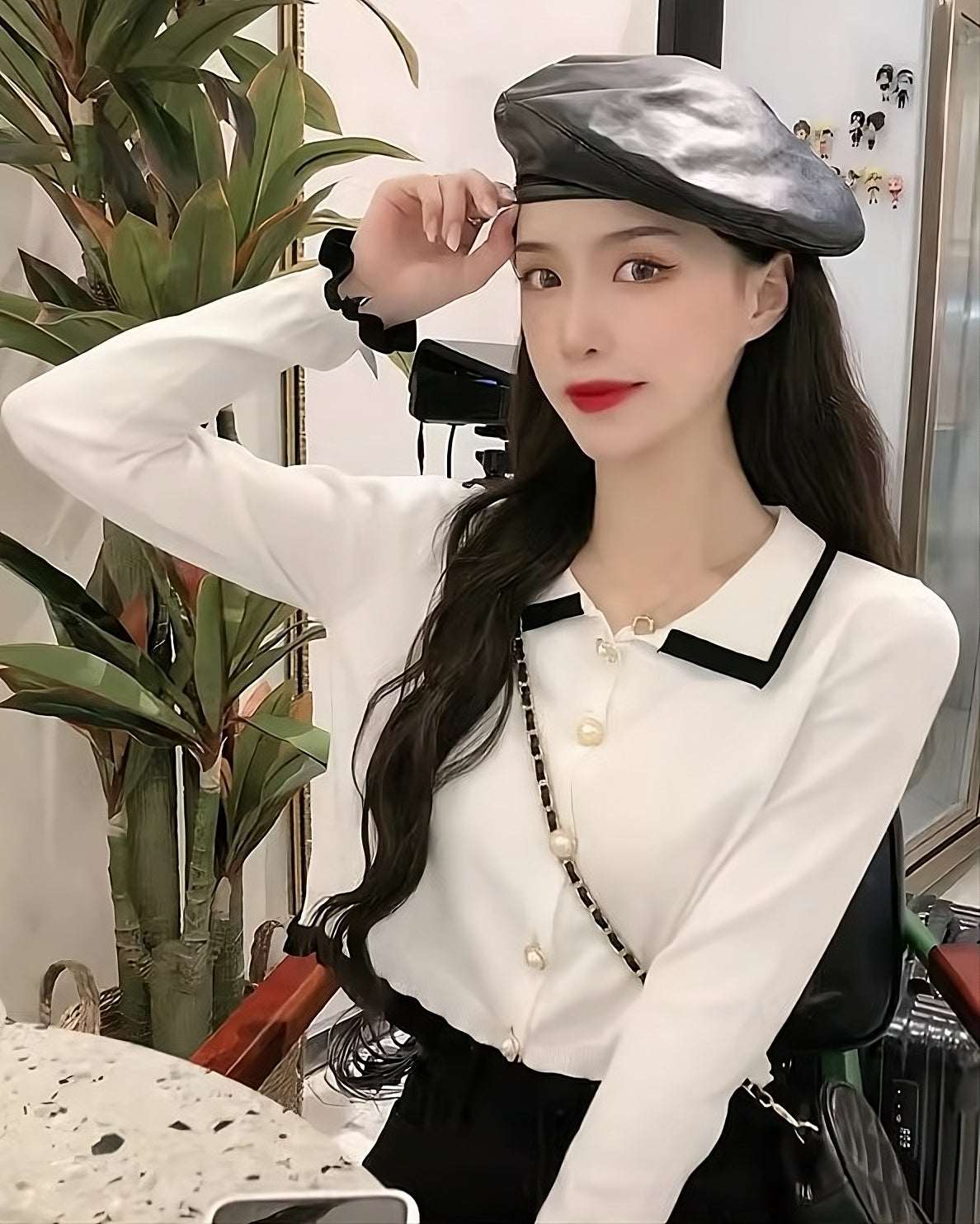 White Collared Cardigan With Black Linings