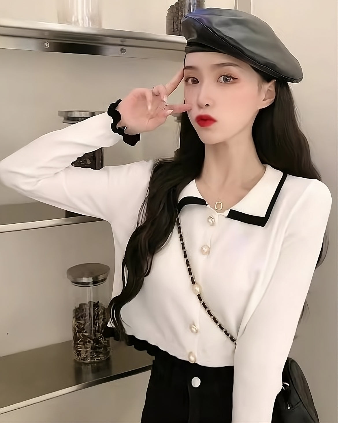 White Collared Cardigan With Black Linings