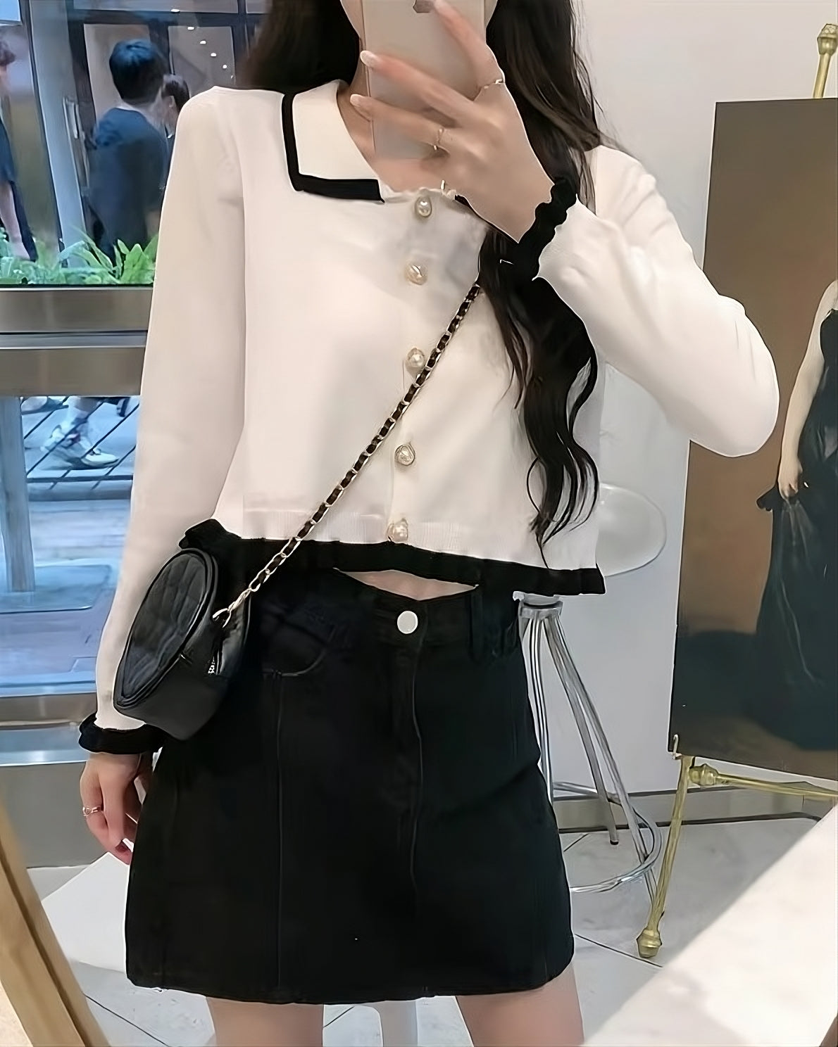 White Collared Cardigan With Black Linings