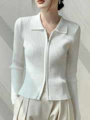 White Collared Double Zipper Cardigan