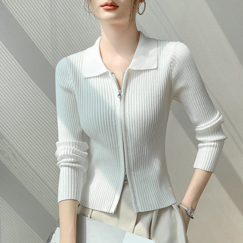 White Collared Double Zipper Cardigan