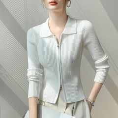 White Collared Double Zipper Cardigan