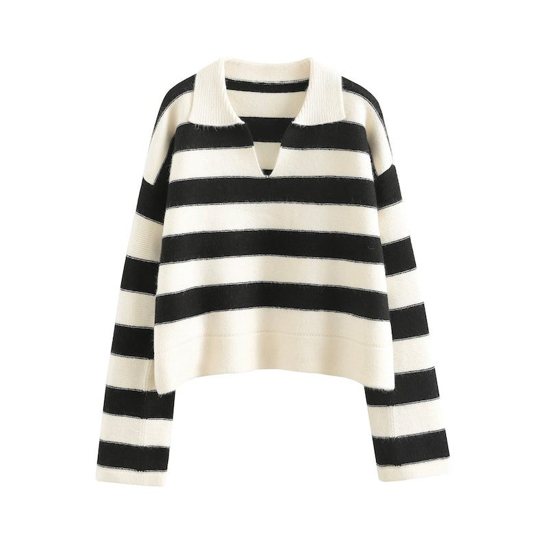 White Collared Stripes Sweater