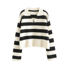 White Collared Stripes Sweater