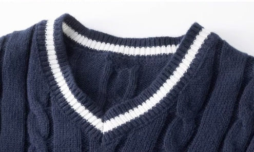 White Contrast Trim Cable Knit Sweater