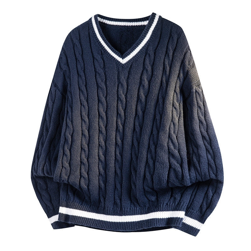 White Contrast Trim Cable Knit Sweater