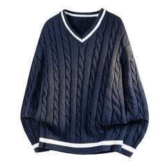 White Contrast Trim Cable Knit Sweater