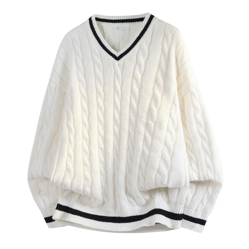 White Contrast Trim Cable Knit Sweater