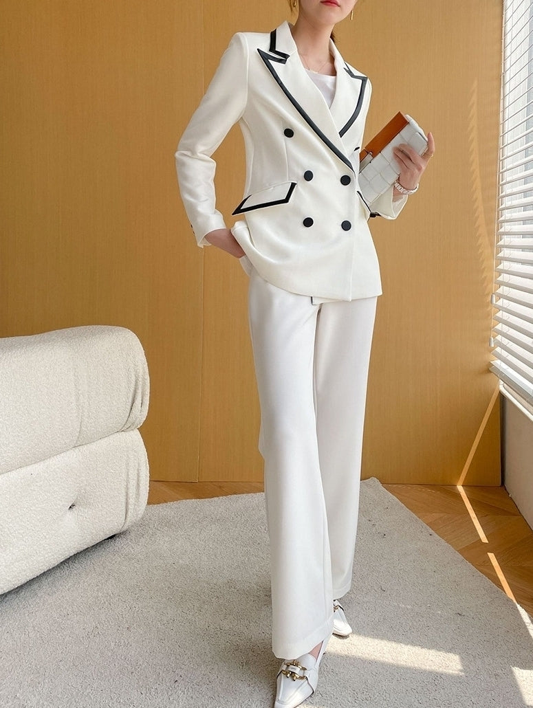 White Contrasting Double-Breasted Blazer And Pants Set