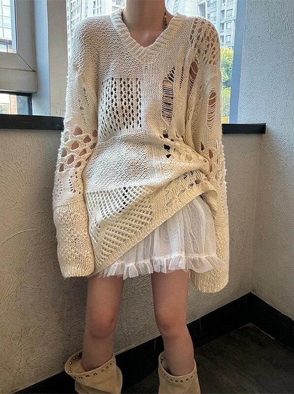 Off-White Crochet V-Neck Sweater